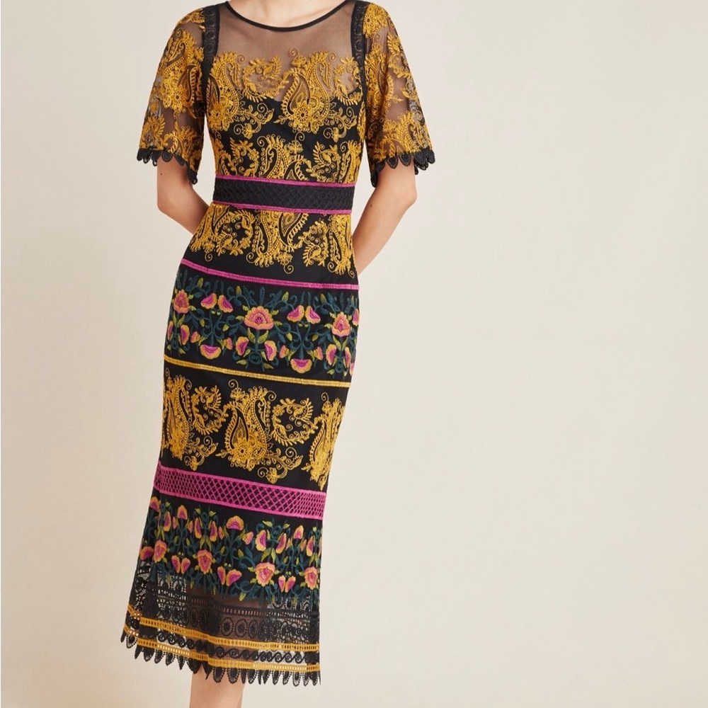 Anthropologie Jaclyn Embroidered Floral Midi Dress